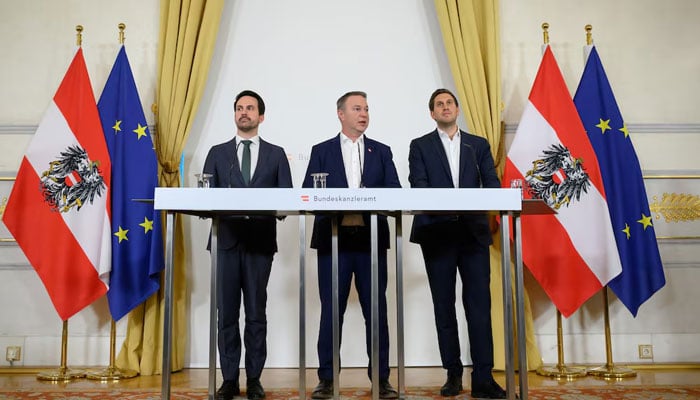 Vice Chancellor Andreas Babler of the Social Democrats, Secretary of State for Digitalisation Alexander Proell of the People’s Party and Minister of Education Christoph Wiederkehr of the Neos hold a press conference on plans to ban social media for children under 14 years of age in Vienna, Austria, March 27, 2026. — Reuters
