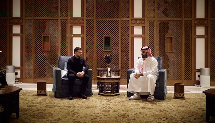 Ukrainian President Volodymyr Zelensky meets Saudi Arabian Crown Prince Mohammed bin Salman during his visit to Saudi Arabia. — X/@ZelenskyyUa
