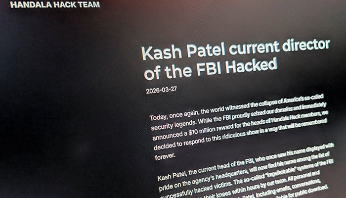 The website used by the Handala Hack Team, an Iran-linked hacker group which has claimed credit for the breach of FBI Director Kash Patels personal email, is shown on a screen in Washington DC, US, March 27, 2026. — Reuters