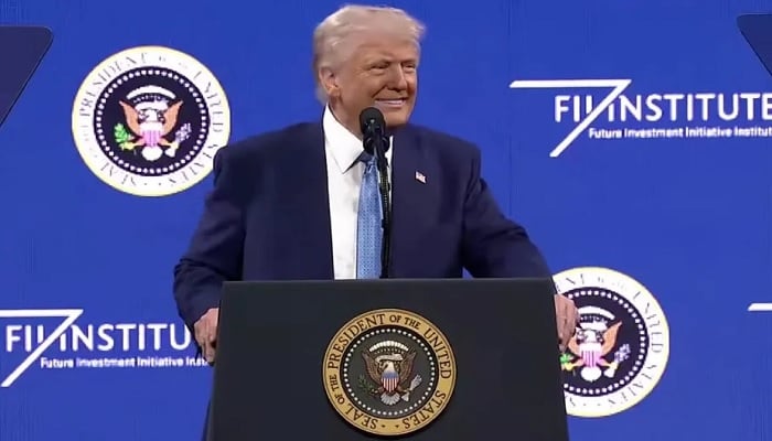 President Donald Trump smiles as he delivers remarks at the Future Investment Initiative (FII) Institutes summit at the Faena Forum in Miami Beach, Florida, US, March 27, 2026. — Reuters