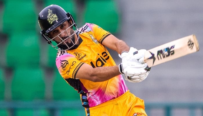 Peshawar Zalmi batter Mohammad Haris plays a shot during their Pakistan Super League (PSL) 11 match against Rawalpindiz at the Gaddafi Stadium on Saturday. — X/@PeshawarZalmi