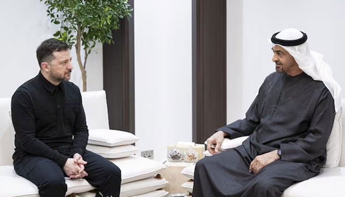 Sheikh Mohamed bin Zayed Al Nahyan, President of the United Arab Emirates, meets with Volodymyr Zelenskiy, President of Ukraine, in the United Arab Emirates in this undated handout picture released March 28, 2026. — Reuters