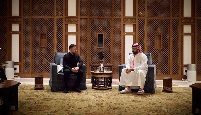 Ukrainian President Volodymyr Zelensky meets Saudi Arabian Crown Prince Mohammed bin Salman during his visit to Saudi Arabia. — X/@ZelenskyyUa