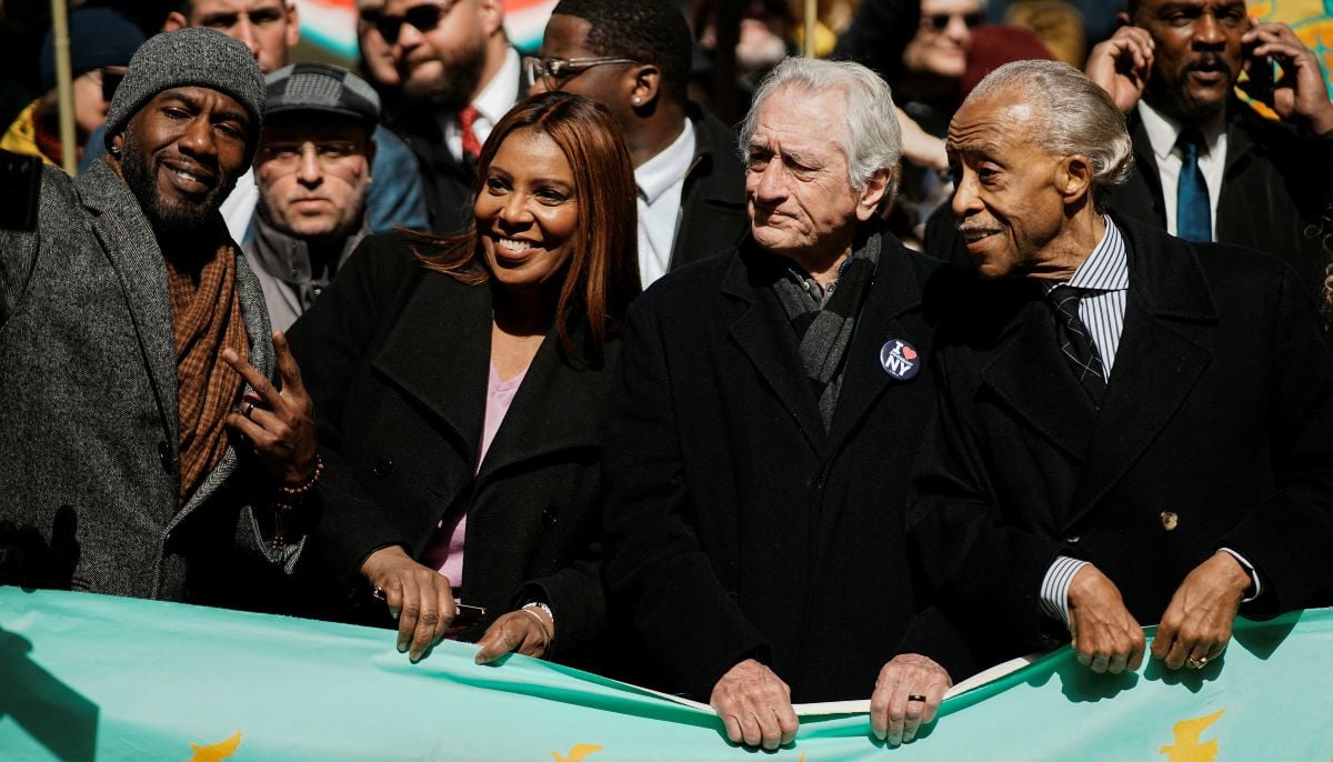 Actor Robert De Niro, New York Attorney General Letitia James, Reverend Al Sharpton, and Jumaane Williams, New York City Public Advocate, pose for a picture as they attend a No Kings protest against U.S. President Donald Trumps administration policies, in New York City, New York, US, March 28, 2026. — Reuters