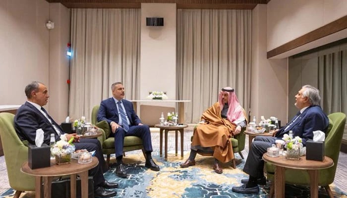 Saudi FM holds a coordination meeting with foreign ministers of Pakistan, Turkey, and Egypt on March 19. — X/@KSAMOFA