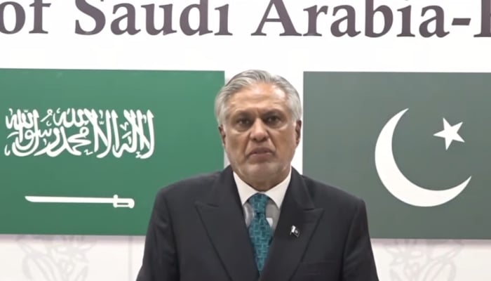 Deputy Prime Minister Ishaq Dar speaks during a televised address in Islamabad, March 29, 2026. — Screengrab via YouTube/Geo News