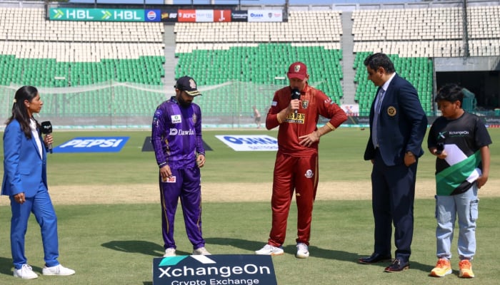 Quetta Gladiators captain Saud Shakeel and his Hyderabad Kingsmen counterpart Marnus Labuschagne present for the toss in the PSL 11 match at the Gaddafi Stadium in Lahore on March 29, 2026. — PCB