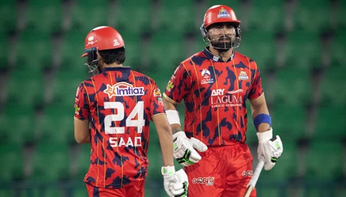 Karachi Kings Muhammad Waseem (right) and Saad Baig running between wickets during the Pakistan Super League 11 match against Lahore Qalandars at Gaddafi Stadium, Lahore, on March 29, 2026. — PSL
