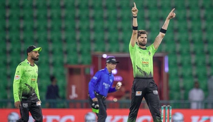 Lahore Qalandars captain Shaheen Shah Afridi (right) celebrates taking a wicket during their PSL 11 match against Karachi Kings at the Gaddafi Stadium in Lahore on March 29, 2026. — PSL