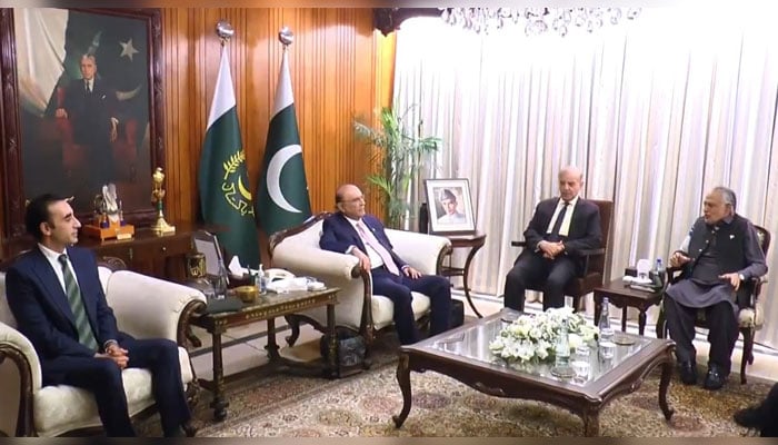 Prime Minister Shehbaz Sharif (second from right) meets President Asif Ali Zardari (second from left) in Islamabad on March 30, 2026. Deputy Prime Minister and Foreign Minister Senator Ishaq Dar (right) and former foreign minister Bilawal Bhutto Zardari are also present. — Screengrab via Geo News