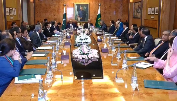 President Asif Ali Zardari holds consultative meeting with PM Shehbaz Sharif, federal and provincial leadership to review economic, energy and regional situation. — Screengrab via Geo News