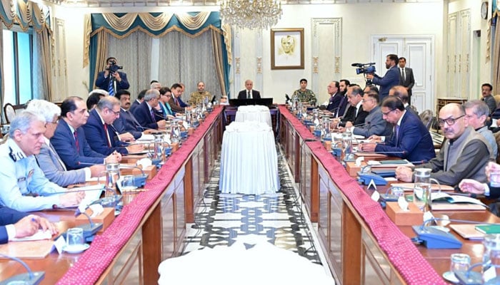 Prime Minister Shehbaz Sharif chairs a meeting to review implementation of fuel conservation and austerity in Islamabad on March 30, 2026. — PID