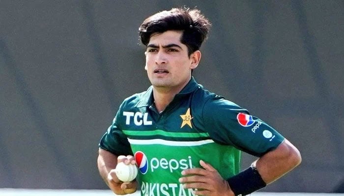 Pakistani fast bowler Naseem Shah gestures during a match. — PCB/File