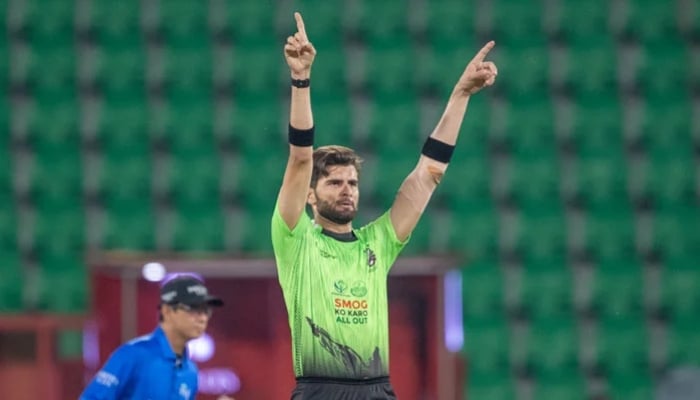 Lahore Qalandars captain Shaheen Shah Afridi celebrates taking a wicket during their PSL 11 match against Karachi Kings at the Gaddafi Stadium in Lahore on March 29, 2026. — PCB