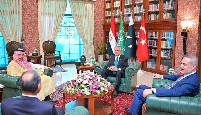 DPM Ishaq Dar hosts a quadrilateral meeting of foreign ministers from Türkiye, Saudi Arabia and Egypt to discuss mediation efforts to end war in Middle East. — X/ForeignOfficePk