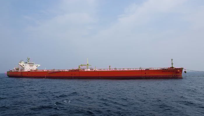 A crude oil tanker EAGLE SAN JUAN, sailing under the flag of Singapore and carrying crude oil from the US, offloads at Cnergyicos Single Point Mooring (SPM), Pakistans first and only floating port, located near Hub coast in Balochistan, Pakistan, March 18, 2026.