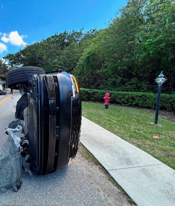 Tiger Woods Land Rover rolled over on a two-lane road near his Jupiter Island home, in this handout image released by the Martin County Sheriffs Office on March 28, 2026. — Reuters