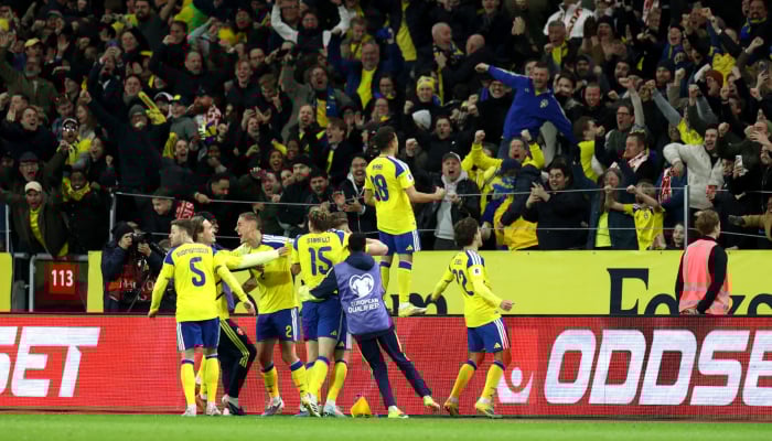 Sweden players celebrate after their third goal during the Fifa World Cup UEFA Qualifier against Poland at Strawberry Arena, Solna, Sweden on March 31, 2026. — Reuters