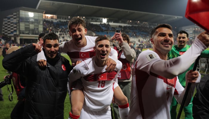 Turkiye players celebrate after qualifying for the Fifa World Cup during the Fifa World Cup UEFA Qualifier against Kosovo at Fadil Vokrri Stadium, Pristina, Kosovo on March 31, 2026. — Reuters