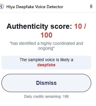 Hiya, an AI detection tool indicates a high probability that the audio was generated using AI tools.