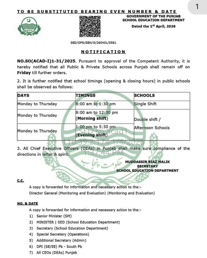 Punjab schools to remain closed on Fridays