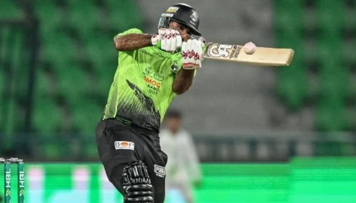 Lahore Qalandars Pakistan cricket player Fakhar Zaman plays a shot during the Pakistan Super League (PSL) match against Hyderabad Kingsmen at Gaddafi Stadium in Lahore on March 26, 2026. — AFP