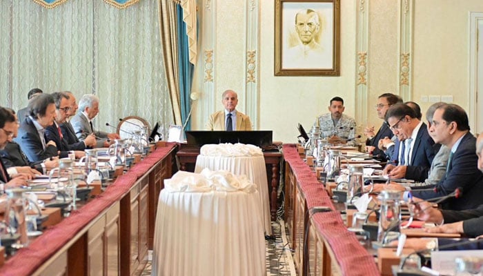 Prime Minister Shehbaz Shairf chairs a meeting on strategy formulation to curtain economic effects on public in the wake of current regional situation on April 1, 2026. — PID