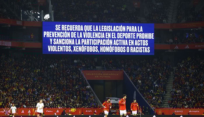 A big screen displays a anti discrimination message inside the stadium during the match between Spain and Egypt, RCDE Stadium, Cornella de Llobregat, Spain - March 31, 2026. — Reuters