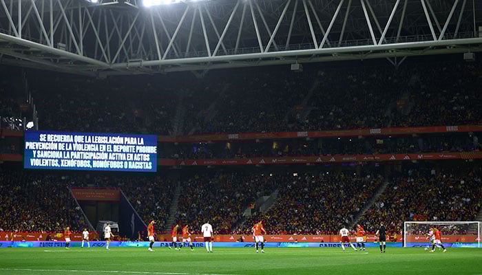 A big screen displays a anti discrimination message inside the stadium during the match between Spain and Egypt, RCDE Stadium, Cornella de Llobregat, Spain - March 31, 2026. — Reuters