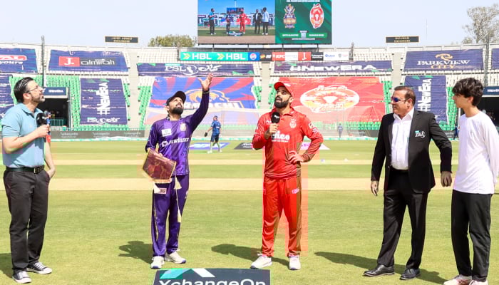Quetta Gladiators captain Saud Shakeel and his Islamabad United counterpart Shadab Khan present for toss in the ninth match of Pakistan Super League (PSL) 11 at Gaddafi Stadium on April 2, 2026. — X@thePSLt20