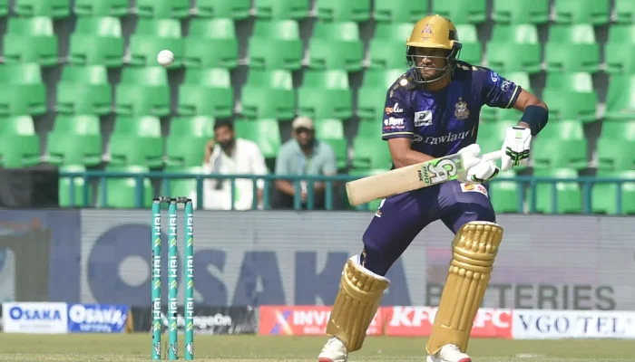 Quetta Gladiators batter Hassan Nawaz plays a shot during their Pakistan Super League (PSL) 11 match against Hyderabad Kingsmen here at the Gaddafi Stadium in Lahore on March 29, 2026. — PSL