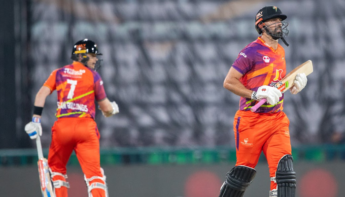 RawalPindizs Daryl Mitchell (right) and Sam Billings running between the wickets during their PSL 11 match against Karachi Kings at the Gaddafi Stadium in Lahore on April 2, 2026. — PSL