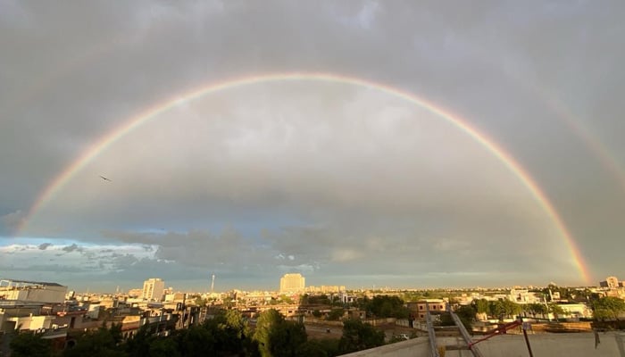 A mesmerising view of a rainbow from Saadi Town area of Karachi after heavy rains in Karachi on April 2, 2026. — Geo.tv