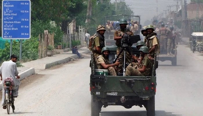 Security forces patrolling on the streets of Bannu. —Reuters/Fike