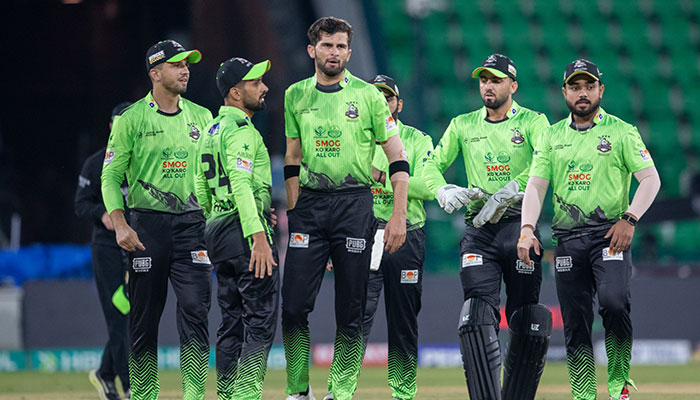 Lahore Qalandars Shaheen Shah Afridi (centre) celebrates with teammates after claiming a wicket during the PSL 11 match against Multan Sultans at Gaddafi Stadium, Lahore, on April 3, 2026. — PSL