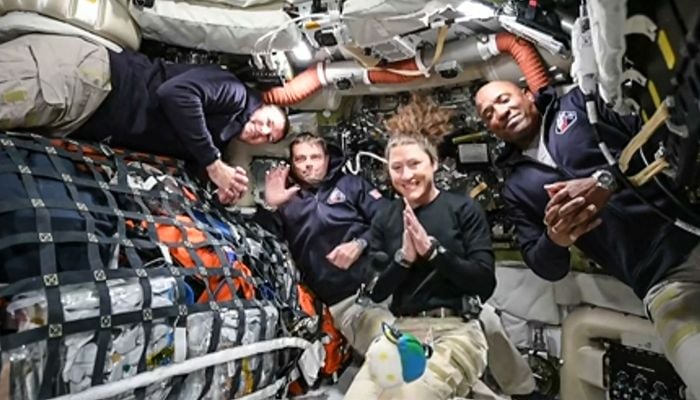This screen grab from Nasas feed released on April 3, 2026, shows the four Artemis II crew members (L-R) Canadian Space Agency (CSA) astronaut Jeremy Hansen, Artemis II mission specialist, Nasa astronauts Reid Wiseman, Artemis II commander, Christina Koch, Artemis II mission specialist and Victor Glover, Artemis II pilot as they head to orbit the Moon for the first time in more than half a century. — AFP
