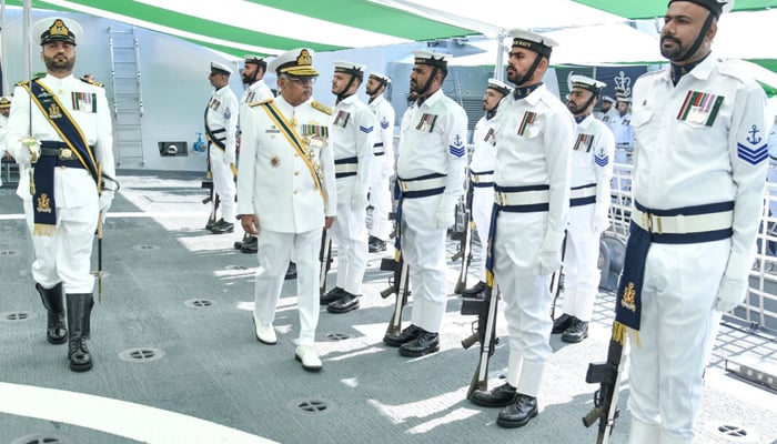 Pakistan inducts cutting-edge PNS Khaibar, reaffirms resolve to defend sovereign seas 8 Chief of the Naval Staff Admiral Naveed Ashraf reviews the guard during the Induction Ceremony of PNS Khaibar in this image released on April 4, 2026. — ISPR