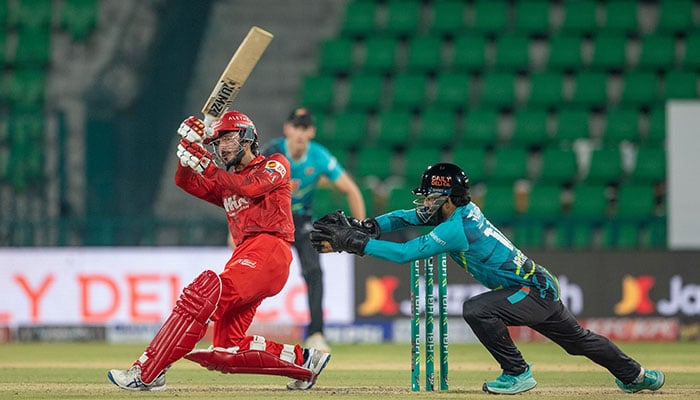 Islamabad Uniteds Sameer Minhas (left) plays a shot during the PSL match against RawalPindiz at Gaddafi Stadium, Lahore, on April 4, 2026. — PSL