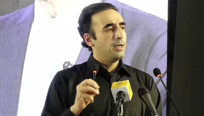 PPP Chairman Bilawal Bhutto Zardari addresses an event in connection with 47th death anniversary of PPP founder and former prime minister Zulfikar Ali Bhutto in Garhi Khuda Bakhsh on April 4, 2026. — Screengrab via Geo News