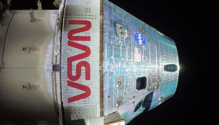 This handout picture provided by Nasa shows the Orion spacecraft captured by a camera mounted on one of its solar array wings during a routine external inspection of the spacecraft on the second day into the Artemis II mission, on April 3, 2026. — AFP