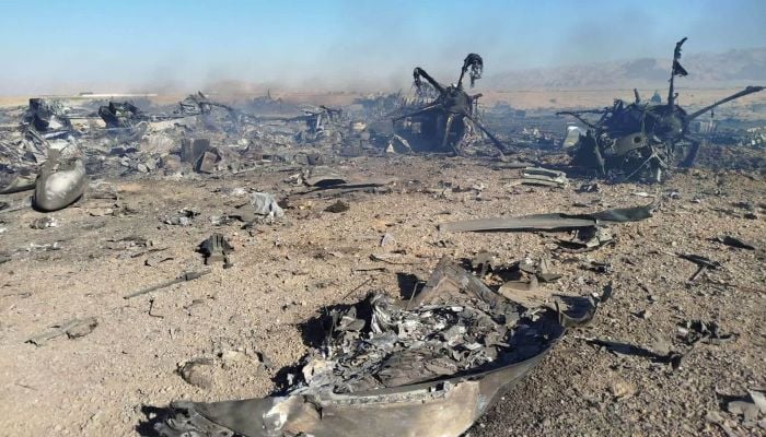 This handout photo provided by Irans Revolutionary Guard Corps (IRGC) official website Sepah News on April 5, 2026 reportedly shows the wreckage and remains of targeted and crashed aircraft in central Iran. — AFP