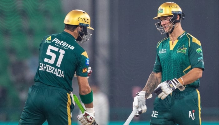Multan Sultans batters Sahibzada Farhan (left) and Josh Philippe during their PSL 11 match against Rawalpindiz  at Gaddafi Stadium, Lahore, April 6, 2026. — X/@MultanSultans