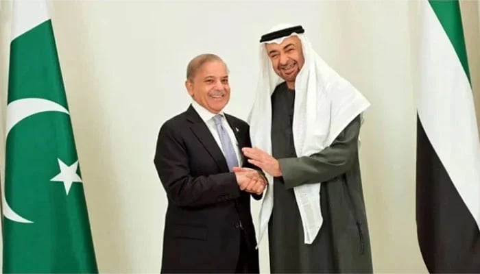 Prime Minister Shehbaz Sharif and President of UAE Sheikh Mohamed bin Zayed Al Nahyan meet in Abu Dhabi on May 23, 2024. — PID
