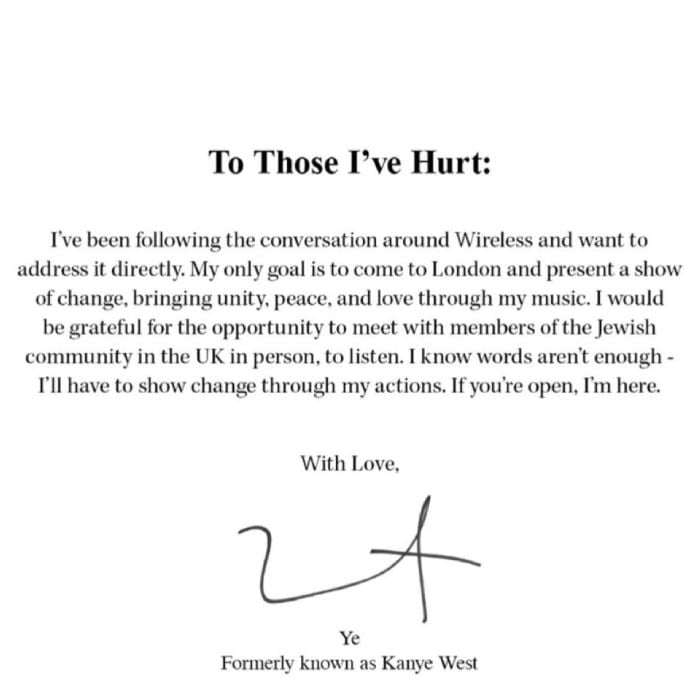 Kanye West addresses UK festival backlash in letter: Words arent enough