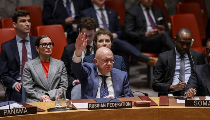 Russias Permanent Representative Vasily Nebenzya casts a vote during a United Nations Security Council meeting on a Hormuz resolution at UN headquarters in New York City, US, April 7, 2026. — Reuters