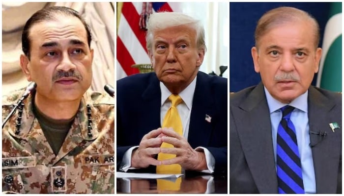 (From left) Chief of Army Staff (COAS) and Chief of Defence Forces (CDF) Field Marshal Asim Munir, US President Donald Trump and Prime Minister Shehbaz Sharif. — ISPR/Reuters/File