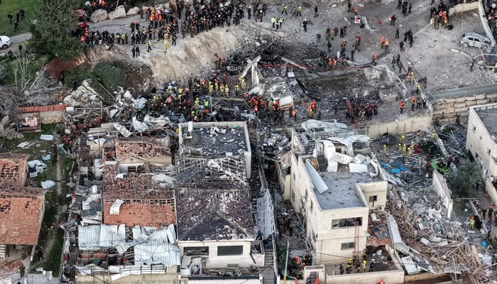 A drone view of the scene of a fatal Iranian strike in Beit Shemesh, Israel, March 1. — Reuters