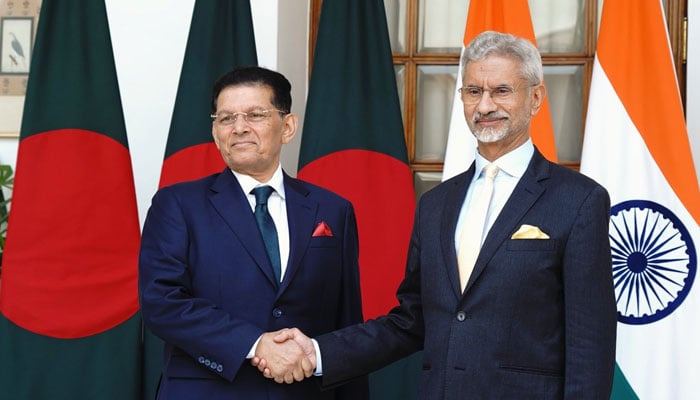 Bangladesh Foreign Minister Dr Khalilur Rahman and Indian Minister for External Affairs Subrahmanyam Jaishankar shake hands during a meeting in New Dehli on April 8, 2026. — X/@DrSJaishankar