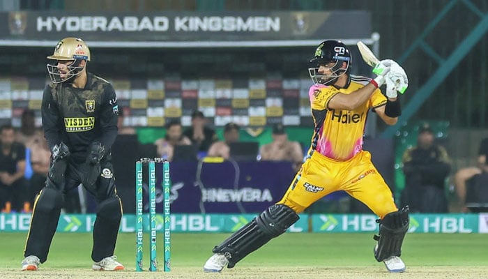 Peshawar Zalmis Babar Azam plays a shot during the Pakistan Super League (PSL) 11 match against Hyderabad Kingsmen at the National Bank Stadium, Karachi, on April 8, 2026. — PSL
