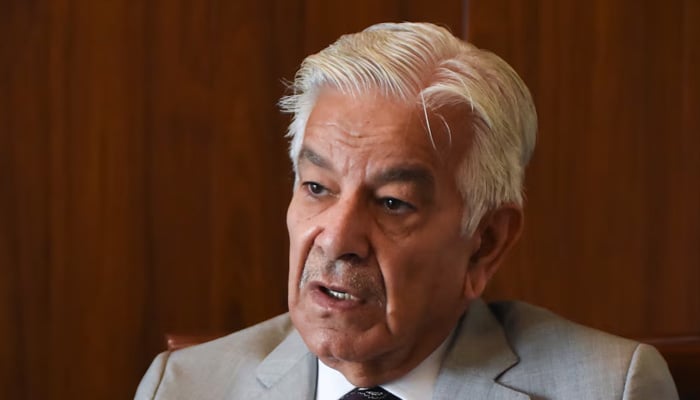 Defence Minister Khawaja Muhammad Asif speaks during an interview with Reuters in Islamabad, on April 28, 2025. — Reuters